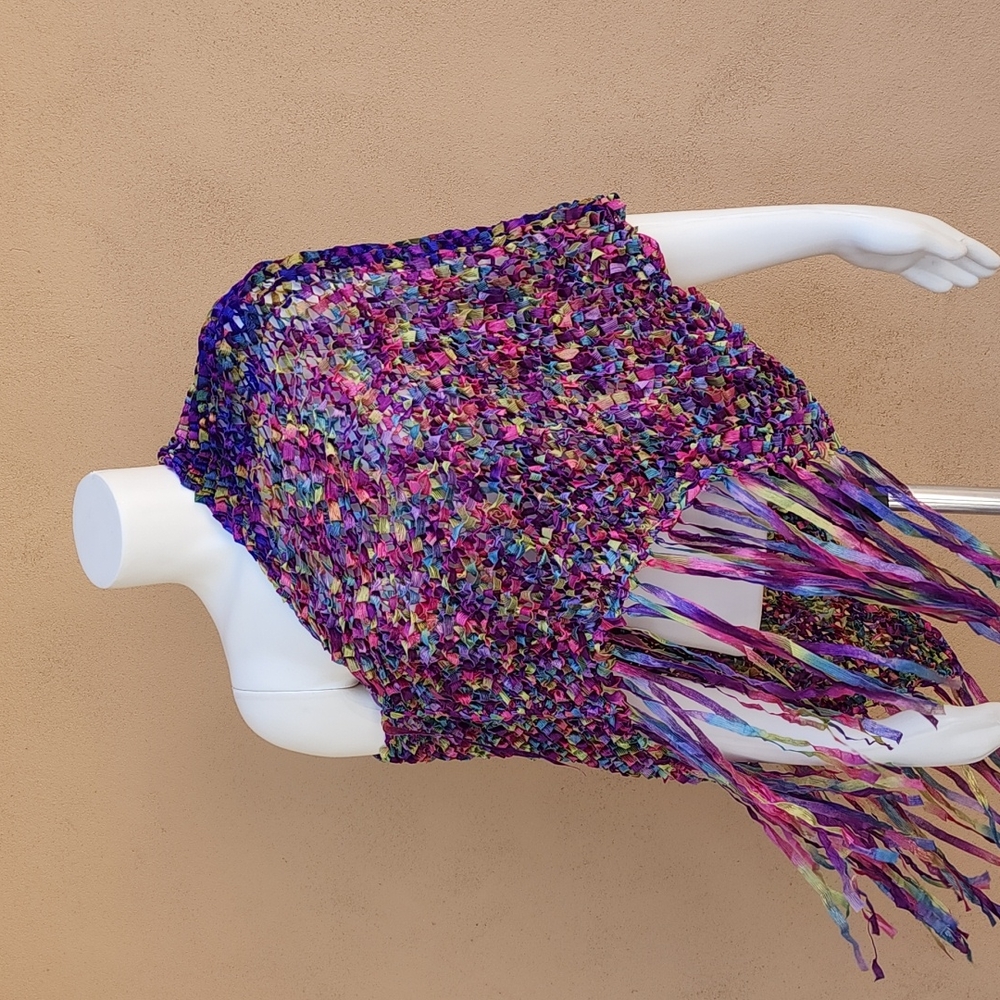 VINTAGE HANDMADE Ribbon Weave Woven Shawl Cocoon Poncho Top Ombre Purple Y2K - Picture 10 of 16